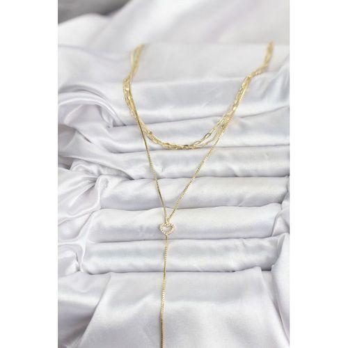 Pirinç Gold Renk Kalp Detaylı 3'lü Kombin Y Kadın Kolye