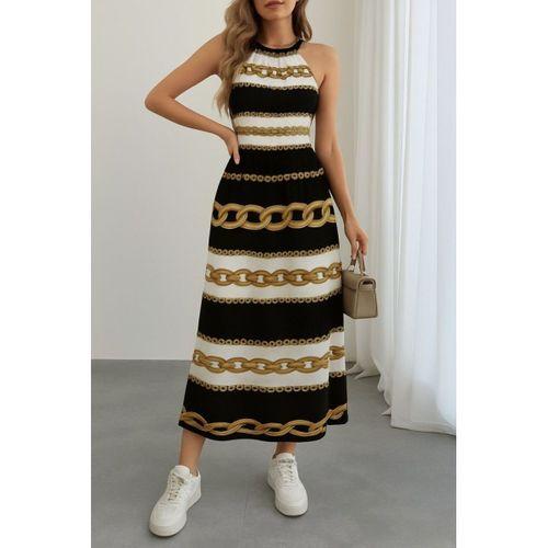 Kadın Kolsuz Boyundan Bağlamalı Beli Lastikli Dijital Baskı Süprem Uzun Elbise