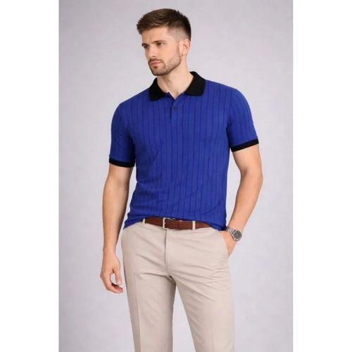 Erkek Polo Yaka Çizgili Tişört Kısa Kol Düğmeli Yazlık T-Shirt - Saks Mavisi