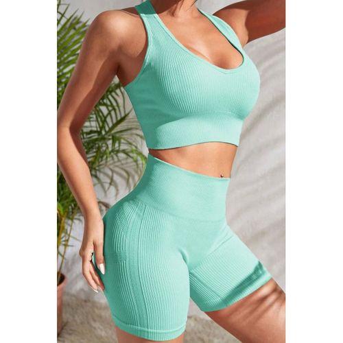 Kadın Açık Mavi Fit Görünümlü Yüksek Bel Spor Crop Top Şort Takımı