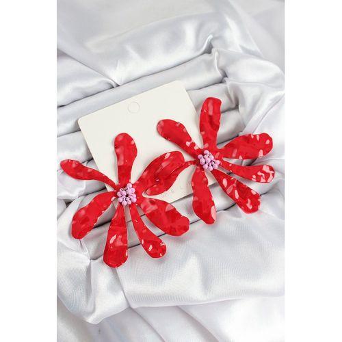 Pirinç Büyük Kırmızı Çiçek Model Kadın Küpe - TJ-BKP11058