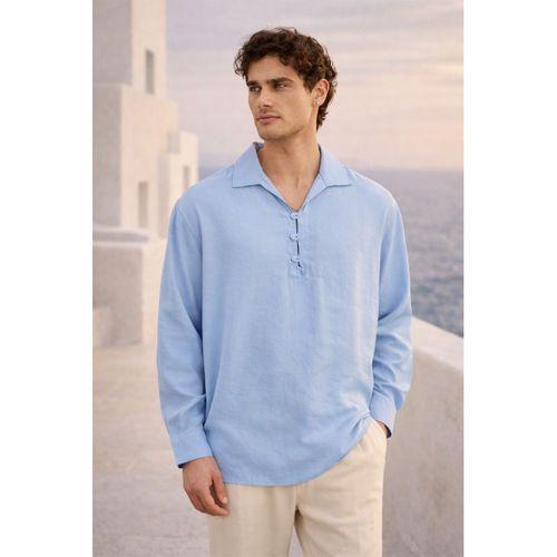 Baldwin Apaş Yaka Britli 3 Düğmeli İnce Modal Kumaş Oversize Uzun Kollu Yazlık Erkek Gömlek - Soğuk Mavi