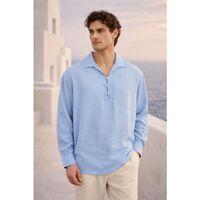 Baldwin Apaş Yaka Britli 3 Düğmeli İnce Modal Kumaş Oversize Uzun Kollu Yazlık Erkek Gömlek - Soğuk Mavi