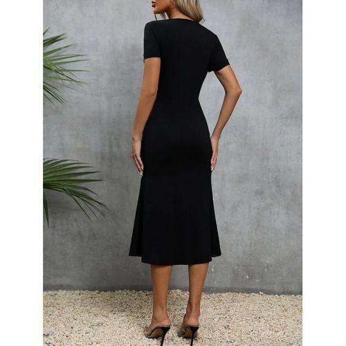 Kadın Kısa Kollu Kare Yakalı Ip Detaylı Janjan Krep Elbise