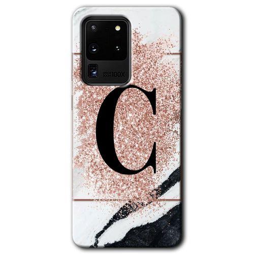 Galaxy S20 Ultra Kılıf HD Desen Baskılı Arka Kapak - Pembe Mermer Desenli C Harfi