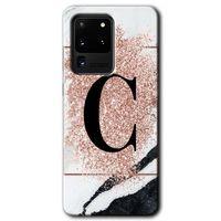 Galaxy S20 Ultra Kılıf HD Desen Baskılı Arka Kapak - Pembe Mermer Desenli C Harfi