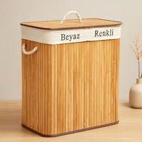 Bambu Ahşap 2 Bölmeli Çamaşır Sepeti 52x32x62 cm