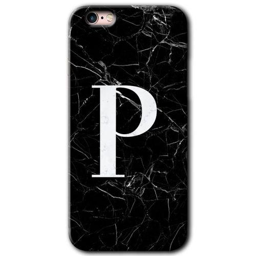 iPhone 6s Kılıf Baskılı Kapak - Siyah Mermer Desenli P Harfi + 5D Tam Kaplayan Cam