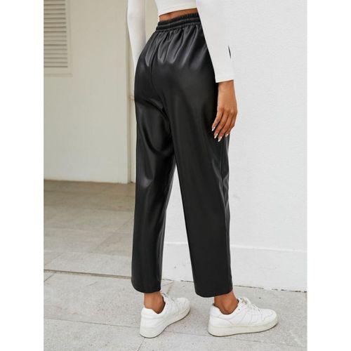 Kadın Yüksel Bel Bağcıklı Deri Pantolon