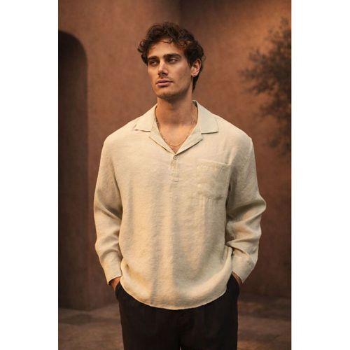 Sartre Apaş Yaka Tek Cepli İnce Modal Kumaş Oversize Uzun Kollu Yazlık Gömlek - Bej