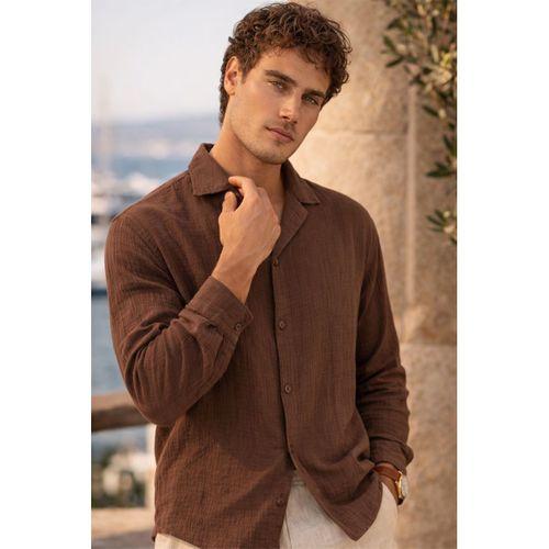 Apaş Yaka Oversize Müslin Kumaş Gömlek - Kahve