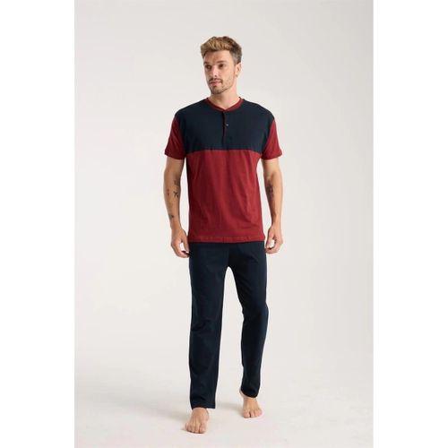 Erkek Bordo Düğmeli Yaka Kısa Kol Pijama Takımı