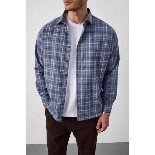 Carol Relaxed Fit Pamuklu Çizgili Flanel Erkek Gömlek - Mavi