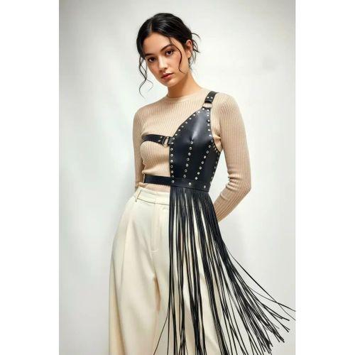 Siyah Etek Deri Zımbalı Asimetrik Püsküllü - Brf1014