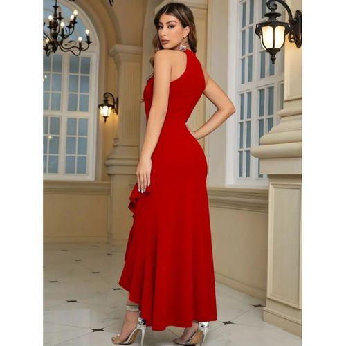 Lucky Life Kadın Halter Yaka Eteği Volanlı Ithal Krep Uzun Elbise