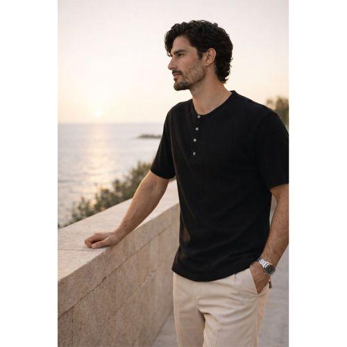 Roth Relaxed Fit Günlük Henley Yaka Waffle Kumaş Yazlık Kısa Kollu T-Shirt - Siyah