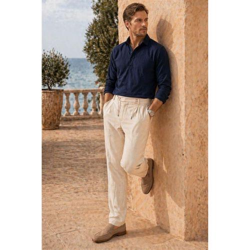 Forner Regular Fit Beli Lastikli Kemer Detaylı Erkek Kumaş Pantolon - Ekru