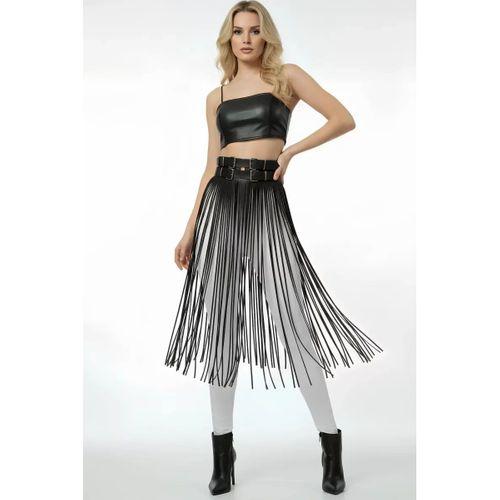 Siyah Etek Deri Yüksek Bel Etek Çift Tokalı Uzun - Brf1090