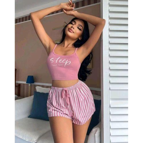 Kadın Pembe Çizgili Desen Askılı Şortlu Pijama Takım 9002