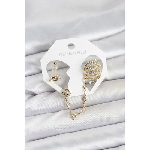 Pirinç Gold Renk Sarmal Model Zincir Bağlantılı Ear Cuff Küpe Seti - TJ-BKP11536