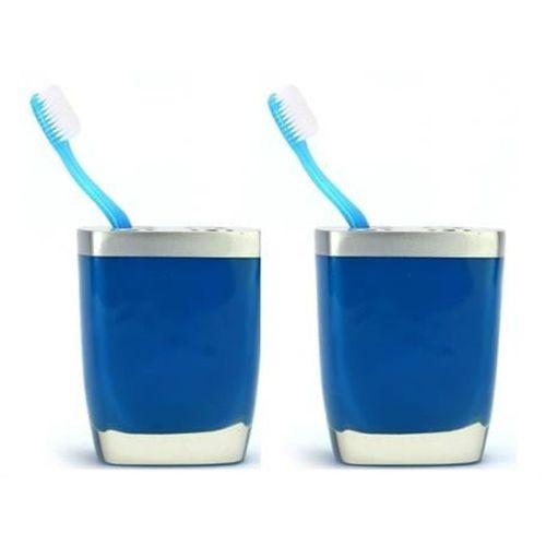 2 Adet Diş Fırçalık Gri Mavi Poliresin 8X4X11Cm Banyo Seti