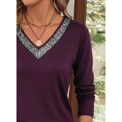 Kadın Uzun Kollu V Payet Yakalı Viskon Mürdüm Bluz