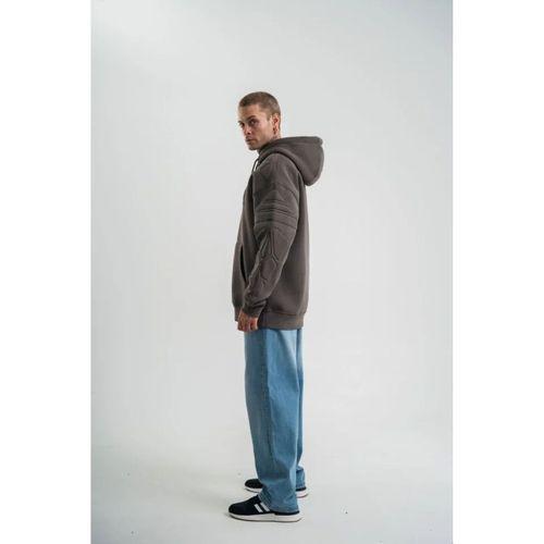 Erkek Nakış İşlemeli Kapşonlu Antrasit Sweatshirt Üç İplik Double Oversize- Füme