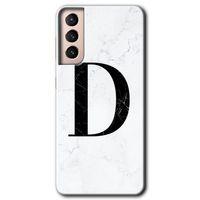 Samsung Galaxy S21 Plus HD Baskılı Kılıf + 9D Tam Ekran Koruyucu - Beyaz Mermer Desenli D Harfi
