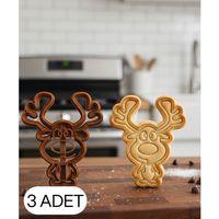 3Lü Gülen Geyik Figürlü Kurabiye Kalıbı ve Hamur Kesici Şeker ve Oyun Hamuru İçin Tek Parça Kalıp