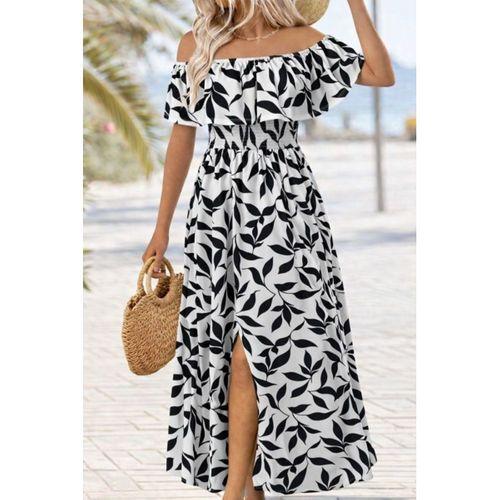 Kadın Madonna Yaka Göğüs Lastikli Yırtmaçlı Uzun Desenli Süprem Elbise