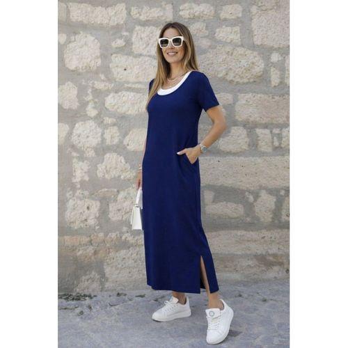 Kadın Kısa Kollu Içi Atlet Görünümlü Yandan Yırtmaçlı Uzun Viskon Elbise