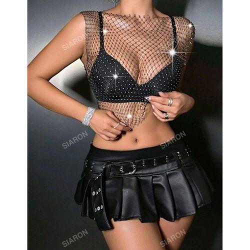 Taşlı File Crop – Kolsuz, Transparan, Parlak Gece Üstü