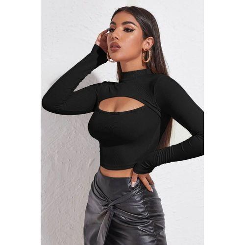 Kadın Siyah Modern Fit Göğüs Dekolteli Uzun Kollu Cut Out Crop Top Bluz