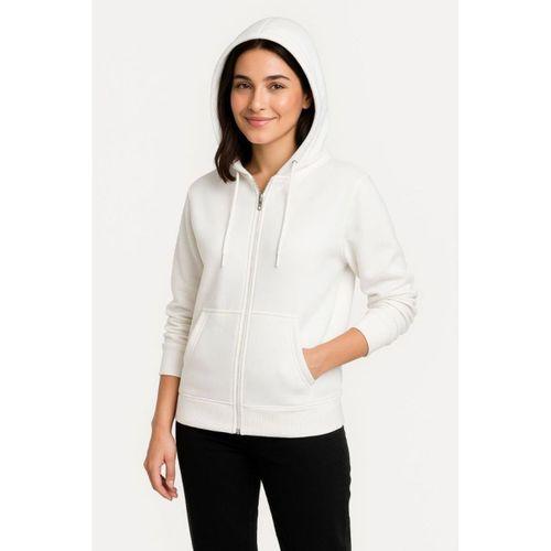 Üç İplik Kapüşonlu Tam Fermuarlı Kanguru Çepli SweatShirt Hoodie - Beyaz
