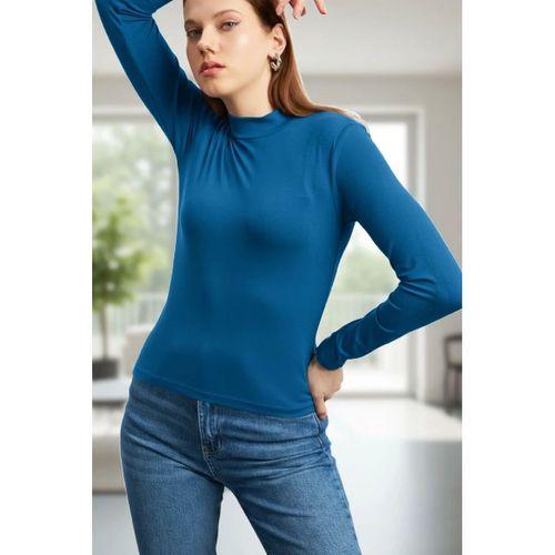 Kadın Mavi Parmak Geçmeli Uzun Kollu Body Esnek Fit Bluz