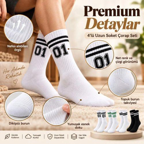 Unisex Çorap Çizgili 4'lü Set 07 Good Vibes Yazılı Siyah Beyaz Uzun Soket Spor Kolej Stil Rahat Şık