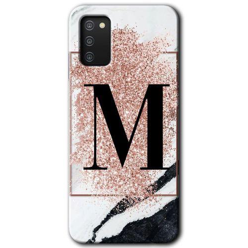 Galaxy A02s Kılıf HD Desen Baskılı Arka Kapak - Pembe Mermer Desenli M Harfi + Kırılmaz Cam