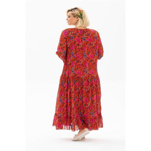 Uzun Kol Vual Gonca Uzun Yazlık Elbise Gelincik Desen Kırmızı 6160