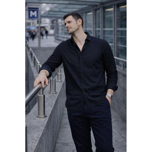 Scott – Soft Dokulu Yarım Oversize Modern Erkek Gömlek - Siyah