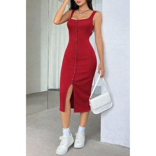 Kadın Askılı Kare Yakalı önden Düğmeli Midi Kaşkorse Elbise