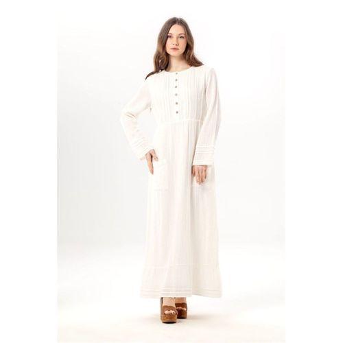 Uzun Kol Dora Yuvarlak Yaka Düğmeli Çift Cepli Yazlık Uzun Müslin Elbise Kırık Beyaz KrkByz