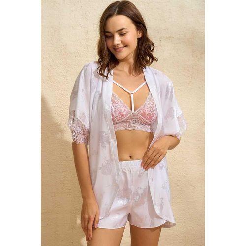 Saten Bride Baskılı Dantelli Sabahlık Balensiz Desteksiz Dolgusuz Bralet Sütyen Ve Şort 3'lü Takım