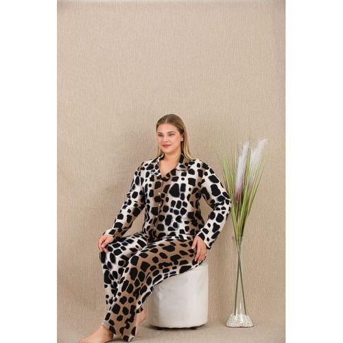 Büyük Beden Siyah Benekli Düğmeli Uzun Kol Viskon Pijama Takımı