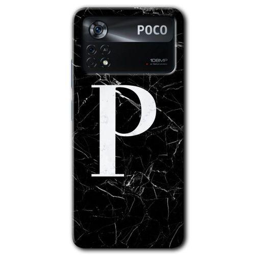 Poco x4 Pro Kılıf HD Desen Baskılı Arka Kapak + Temperli Cam - Siyah Mermer Desenli P Harfi