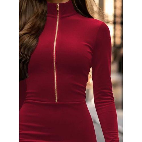 Kadın Uzun Kollu Balıkçı Yaka Yakadan Göğüse Kadar Fermuar Detaylı Mini Kadife Elbise