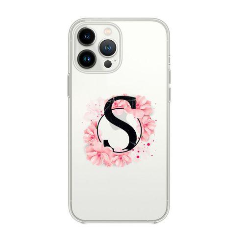 iPhone 13 Pro Max Pembe Çiçek Desen S Harfli Premium Şeffaf Silikon Kılıf