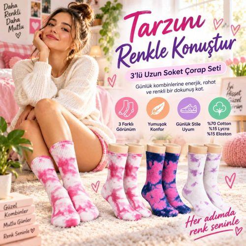 Unisex Batik Desenli Çorap 3'lü Set Pamuklu Renkli Uzun Soket Dikişsiz Nefes Alan Günlük Spor Çorabı