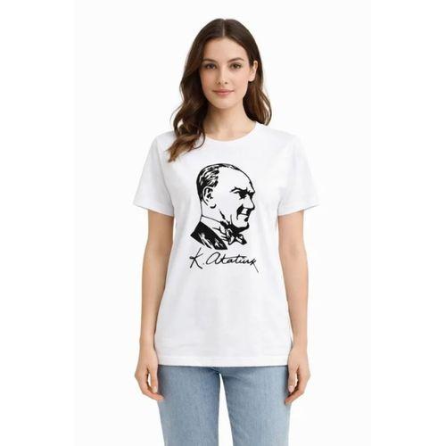 Atatürk Baskılı Tişört Kısa Kollu Bisiklet Yaka T-Shirt - Beyaz