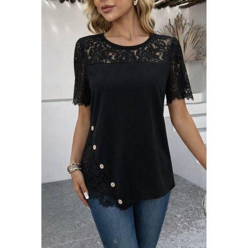 Kadın Kısa Kollu Dantel Detaylı Yandan Düğmeli Waffle Bluz