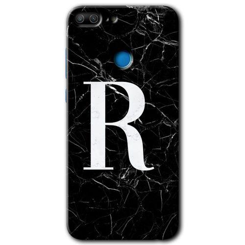 Honor 9 Lite HD Baskılı Kılıf + 9D Tam Ekran Koruyucu - Siyah Mermer Desenli R Harfi